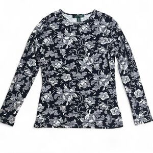 Ralph Lauren Y2K Black & White Baroque /Damask Long Sleeve Floral Top